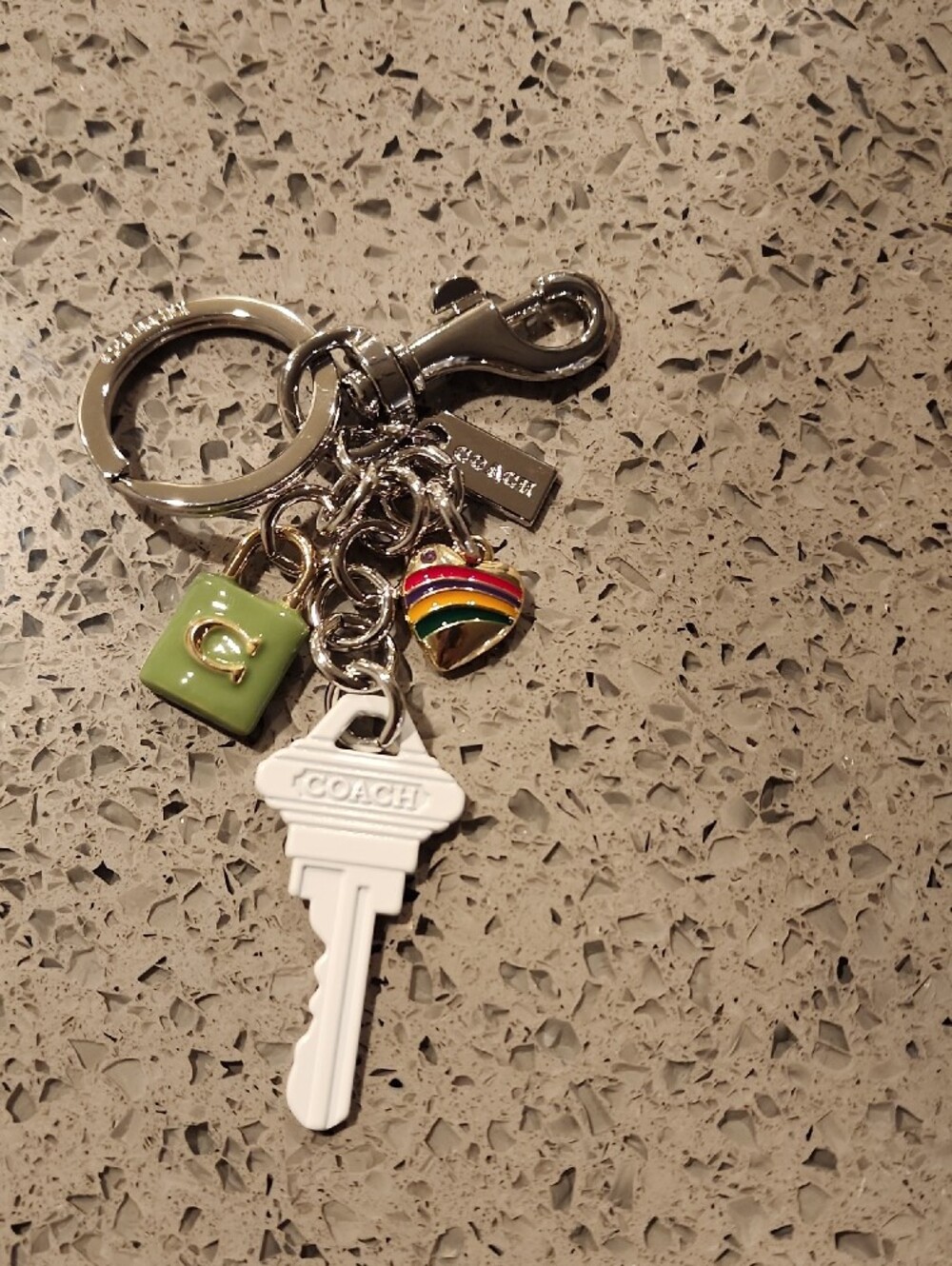 COACH Style Silver Keychain with White Key, Green Bag & Rainbow Heart - Picture 2 of 3